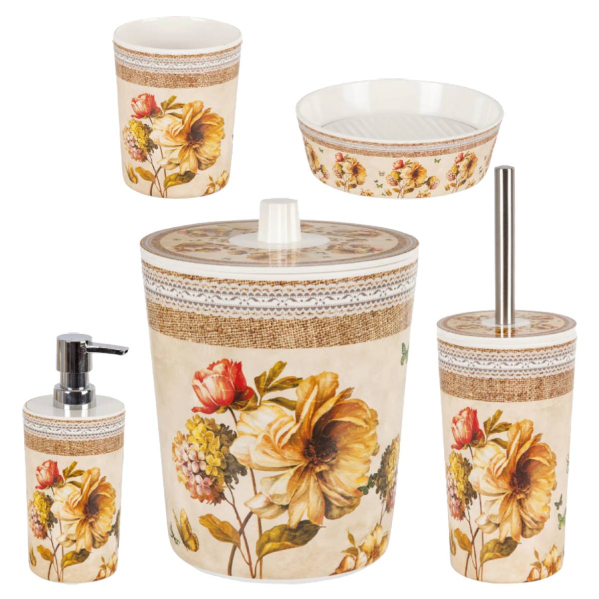 Set Accesorii de Baie, FLOR, Bej, 5 piese