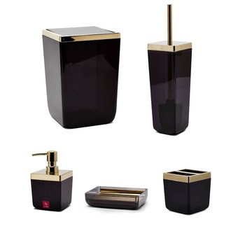 Set Accesorii de Baie, TOSKANA, Negru Transparent Auriu, 5 piese Set Accesorii de Baie, TOSKANA, Negru Transparent Auriu, 5 piese