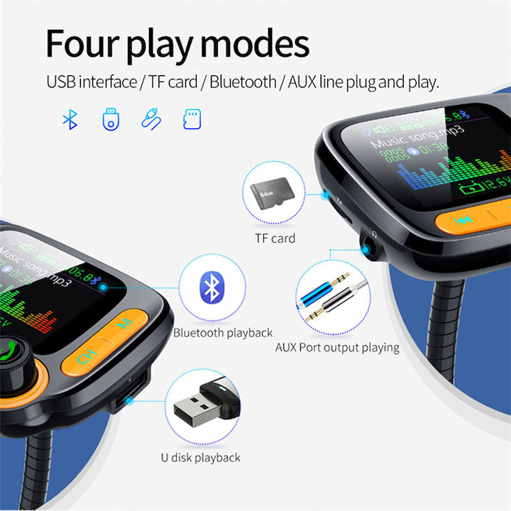 SELON C86 Bluetooth 5.0 FM Autós Kihangosító Készlet, 1,77 QC 3.0 nagy színes képernyő, MicroSD, USB Mp3 lejátszó, Aux, beépített mikrofon 1xUSB 2.4, 1xQC3.0 kompatibilis Apple iPhone iPod iPad Samsung Huawei Android okostelefonnal
