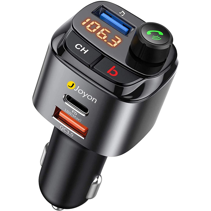 Modulator FM Bluetooth 5.0, PD3.0 20W +QC3.0, Bass Booster car kit handsfree, MicroSD, USB Mp3 Player, microfon incorporat, compatibil Apple iPhone iPod iPad Samsung Huawei Android Smartphone, C68, Joyon®