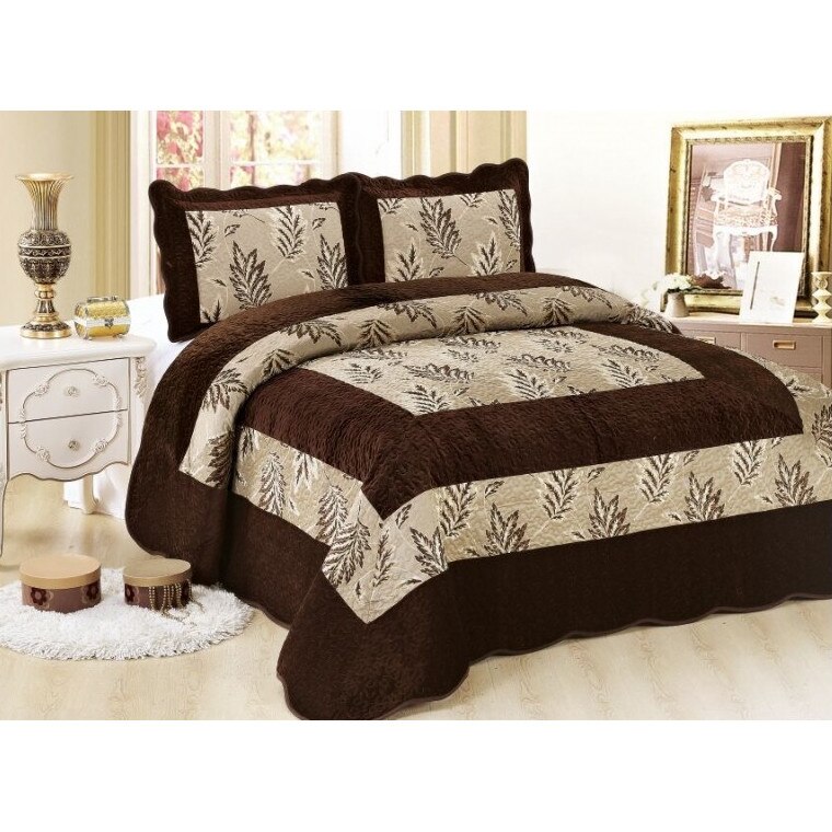 Cuvertura de Pat din Catifea + 2 Fete de Perna , Pat 2 Persoane , maro inchis , model chenar