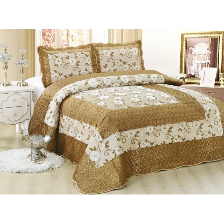 Cuvertura de Pat din Catifea + 2 Fete de Perna , Pat 2 Persoane , bej/bej deschis , model chenar floral