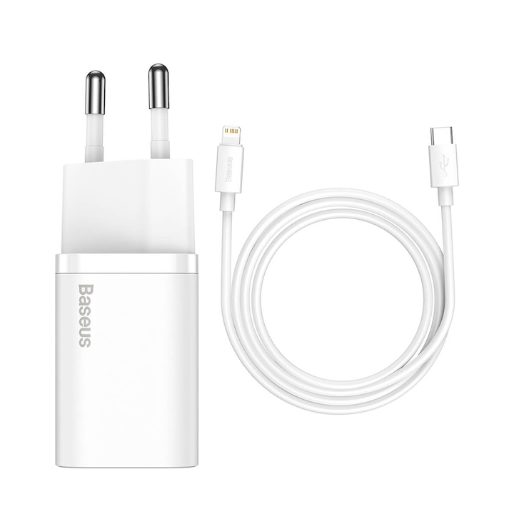 Захранване за ел. мрежа Baseus Super Si USB-C PD Wall Charger 20W TZCCSUP-C02, USB-C изход, и USB-C към Lightning кабел, бял