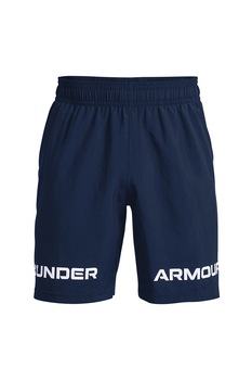 Under Armour, Pantaloni scurti lejeri cu imprimeu logo pentru fitness Woven Graphic Wordmark, bleumarin inchis, alb