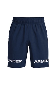 Under Armour, Pantaloni scurti lejeri cu imprimeu logo pentru fitness Woven Graphic Wordmark, bleumarin inchis, alb Under Armour, Pantaloni scurti lejeri cu imprimeu logo pentru fitness Woven Graphic Wordmark, bleumarin inchis, alb