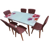 set masa extensibila picioare lemn blat sticla securizata 6 scaune tapitate fusion homs roz-multicolor 80x 170 cm imagen 21_0_
0