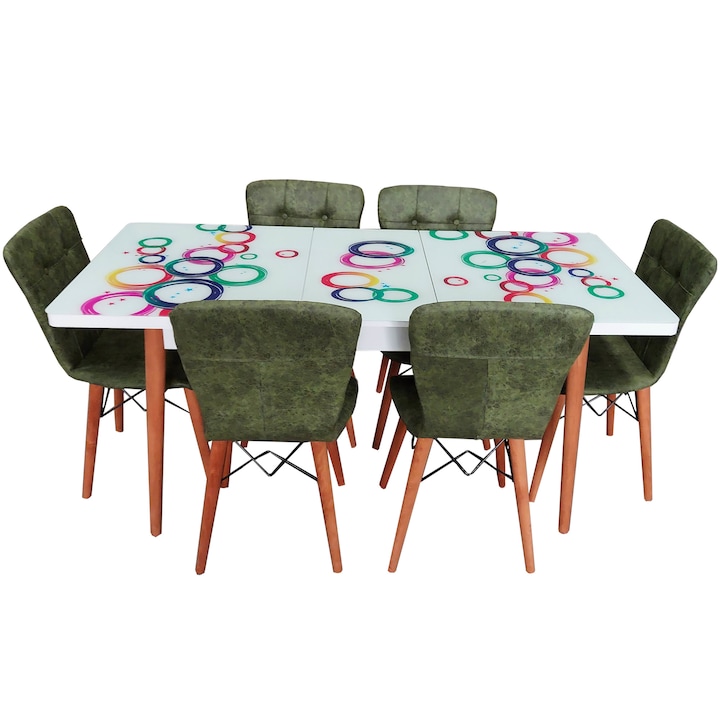 Разтегателен комплект маса с дървени крака Fusion Homs, Плот от безопасно стъкло, 6 зелени тапицирани стола, 80x 170 см, Многоцветен