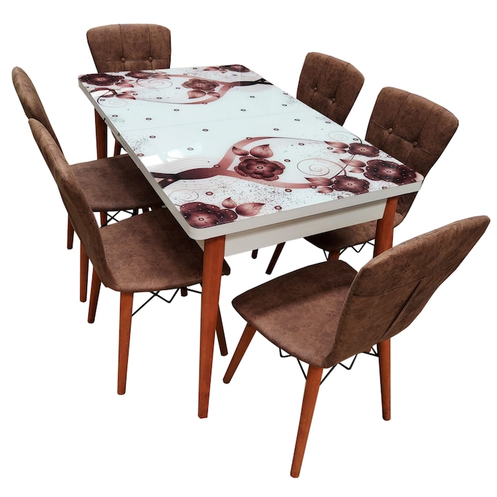 Разтегателен комплект за маса дървени крака Fusion Homs, Плот от безопасно стъкло, 6 тапицирани стола, 80x 170 см, Кафяв