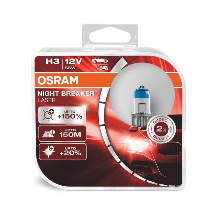 Osram - Halogén izzó 2db szett, H3 Night Breaker Laser, + 150%, 12V, 55W