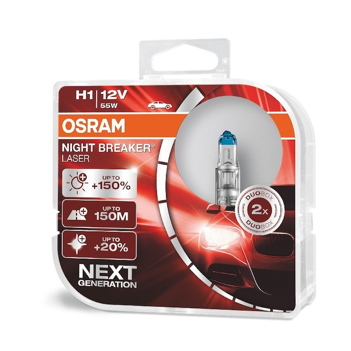 Osram - Halogén izzó 2db szett, H1 Night Breaker Laser Next Gen + 150%, 55W, 12V