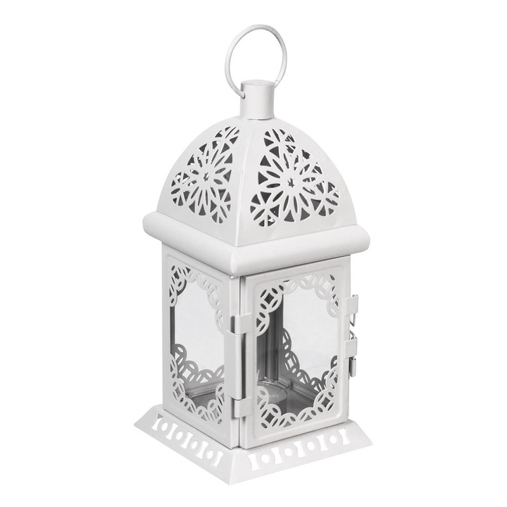 Бял метален фенер с връзки за свещ, Лъвица, 10 х 21 см