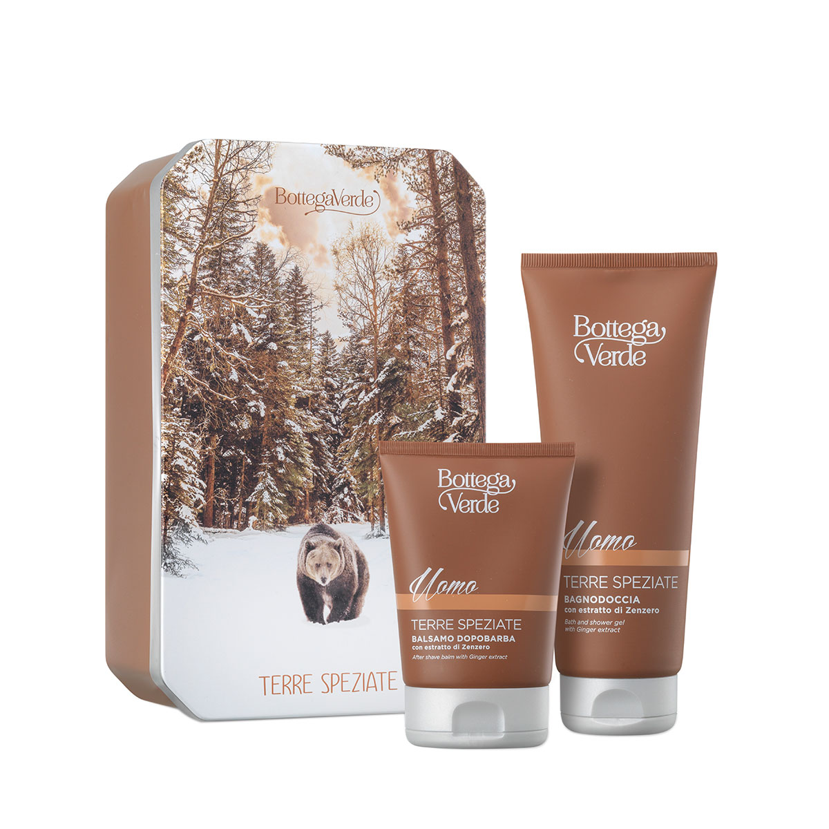Set cadou barbati, ingrijire corp cu extract de ghimbir, cutie metal - Terre Speziate, 200 ML, 75 ML, Bottega Verde