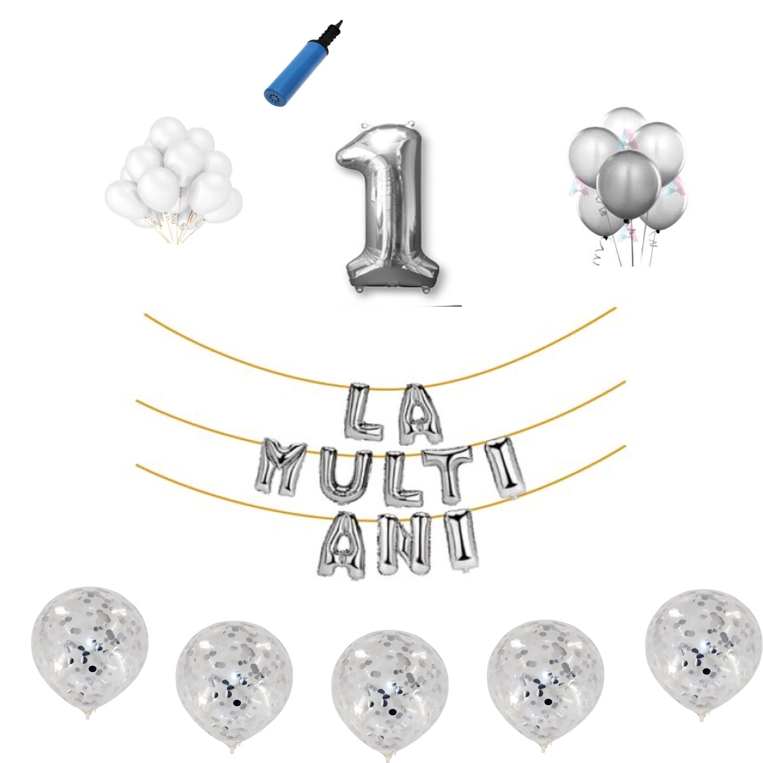 Set baloane La Multi Ani , pentru 1 an, cifra 1 metru ,Argintiu