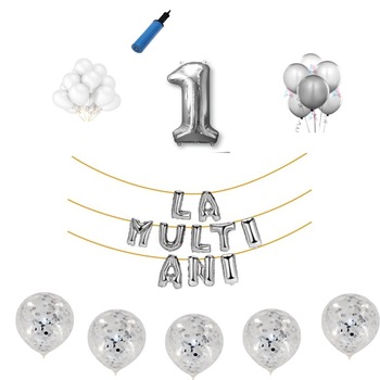 Set baloane La Multi Ani , pentru 1 an, cifra 45 cm ,Argintiu Set baloane La Multi Ani , pentru 1 an, cifra 45 cm ,Argintiu