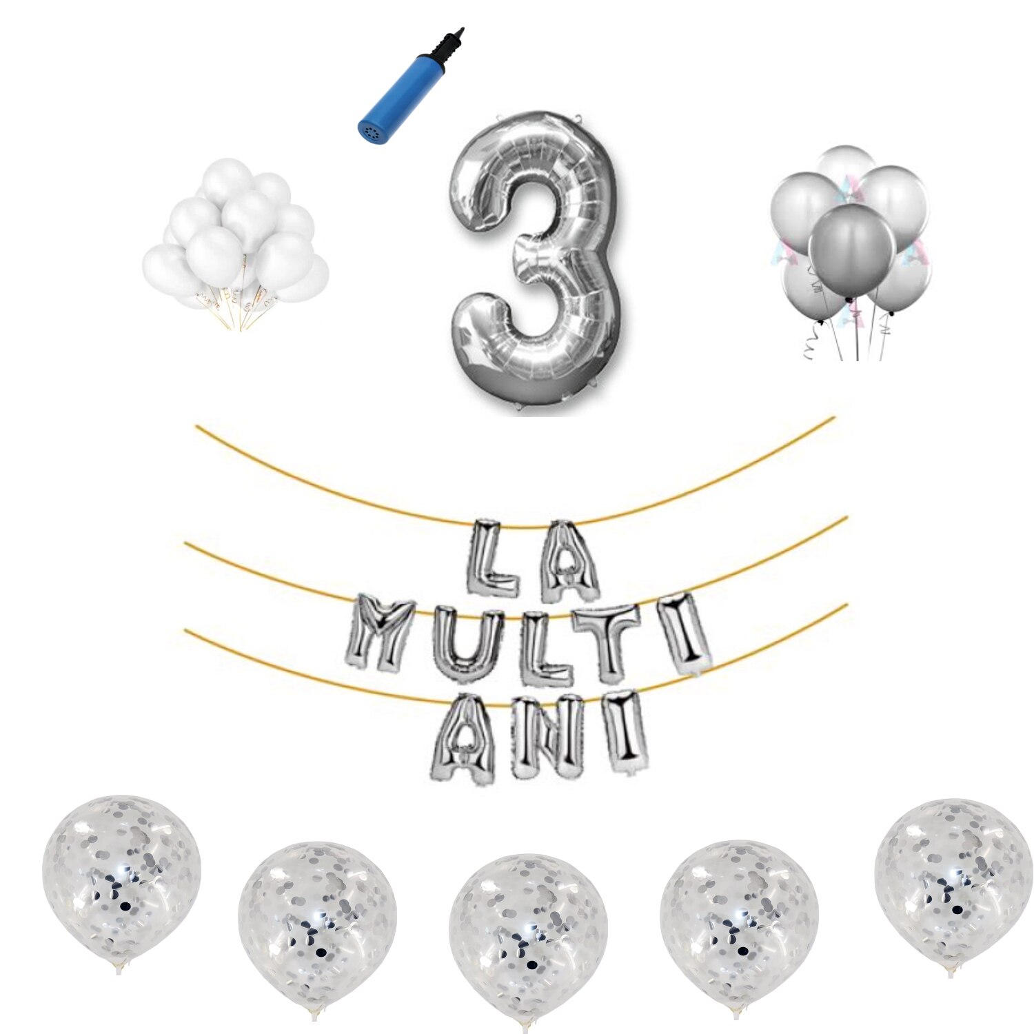 Set baloane La Multi Ani , pentru 3 ani, cifra 1 metru ,Argintiu
