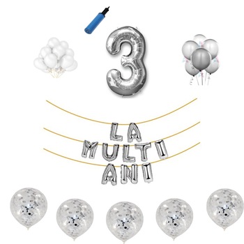 Set baloane La Multi Ani , pentru 3 ani, cifra 45 cm ,Argintiu Set baloane La Multi Ani , pentru 3 ani, cifra 45 cm ,Argintiu