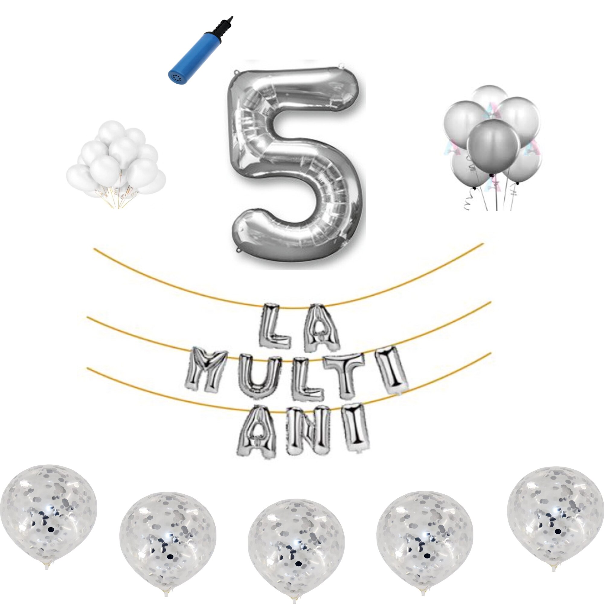 Set baloane La Multi Ani , pentru 5 ani, cifra 45 cm , Argintiu
