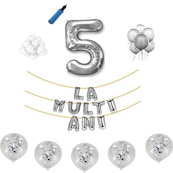 Set baloane La Multi Ani , pentru 5 ani, cifra 1 metru ,Argintiu Set baloane La Multi Ani , pentru 5 ani, cifra 1 metru ,Argintiu