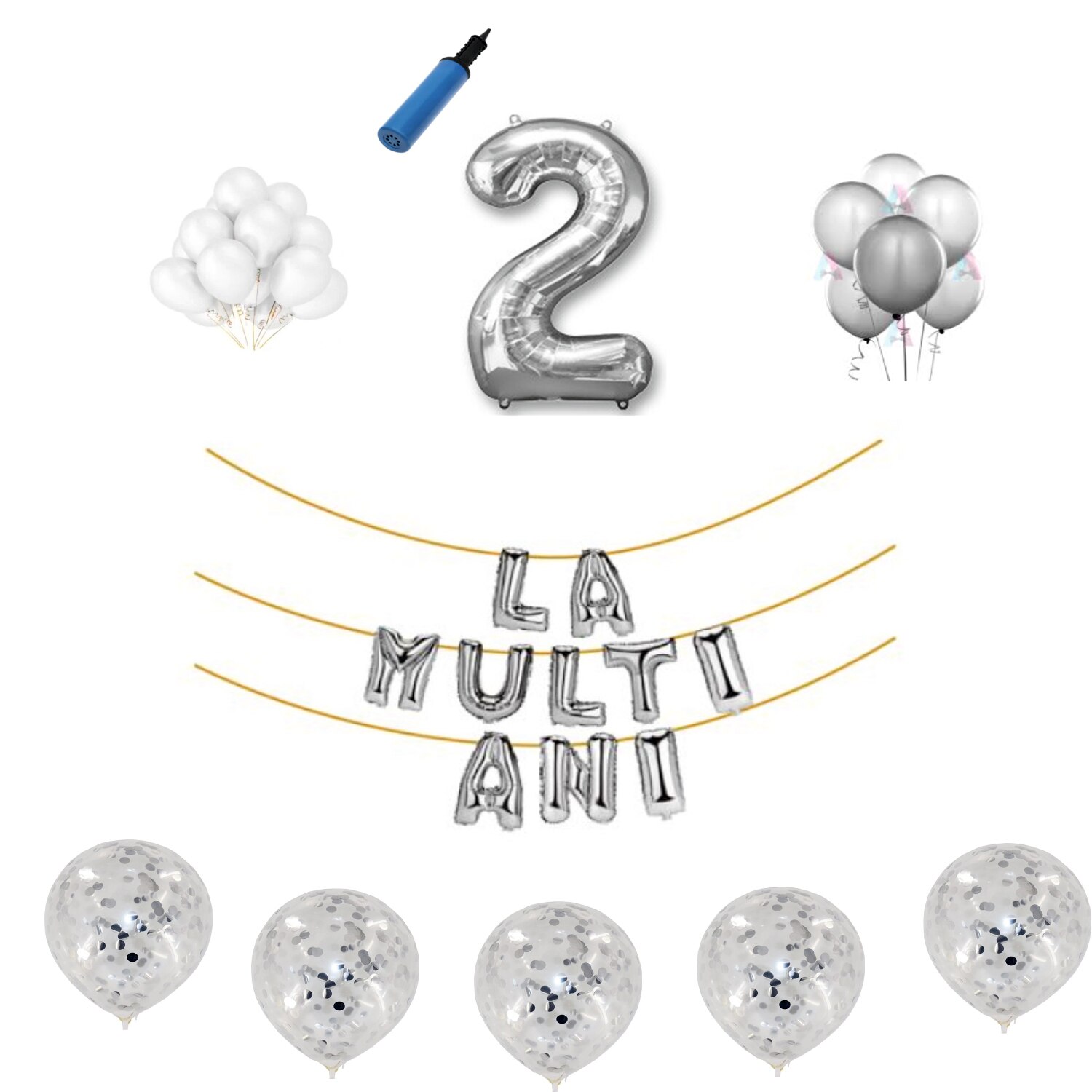 Set baloane La Multi Ani , pentru 2 ani, cifra 45 cm ,Argintiu
