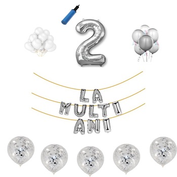 Set baloane La Multi Ani , pentru 2 ani, cifra 1 metru ,Argintiu Set baloane La Multi Ani , pentru 2 ani, cifra 1 metru ,Argintiu