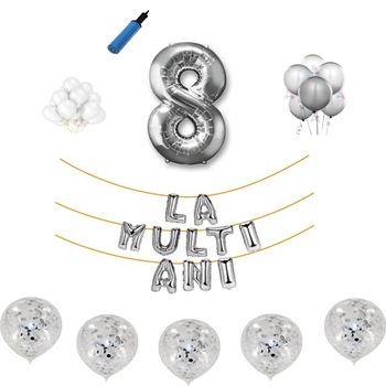 Set baloane La Multi Ani , pentru 8 ani, cifra 45 cm ,Argintiu Set baloane La Multi Ani , pentru 8 ani, cifra 45 cm ,Argintiu