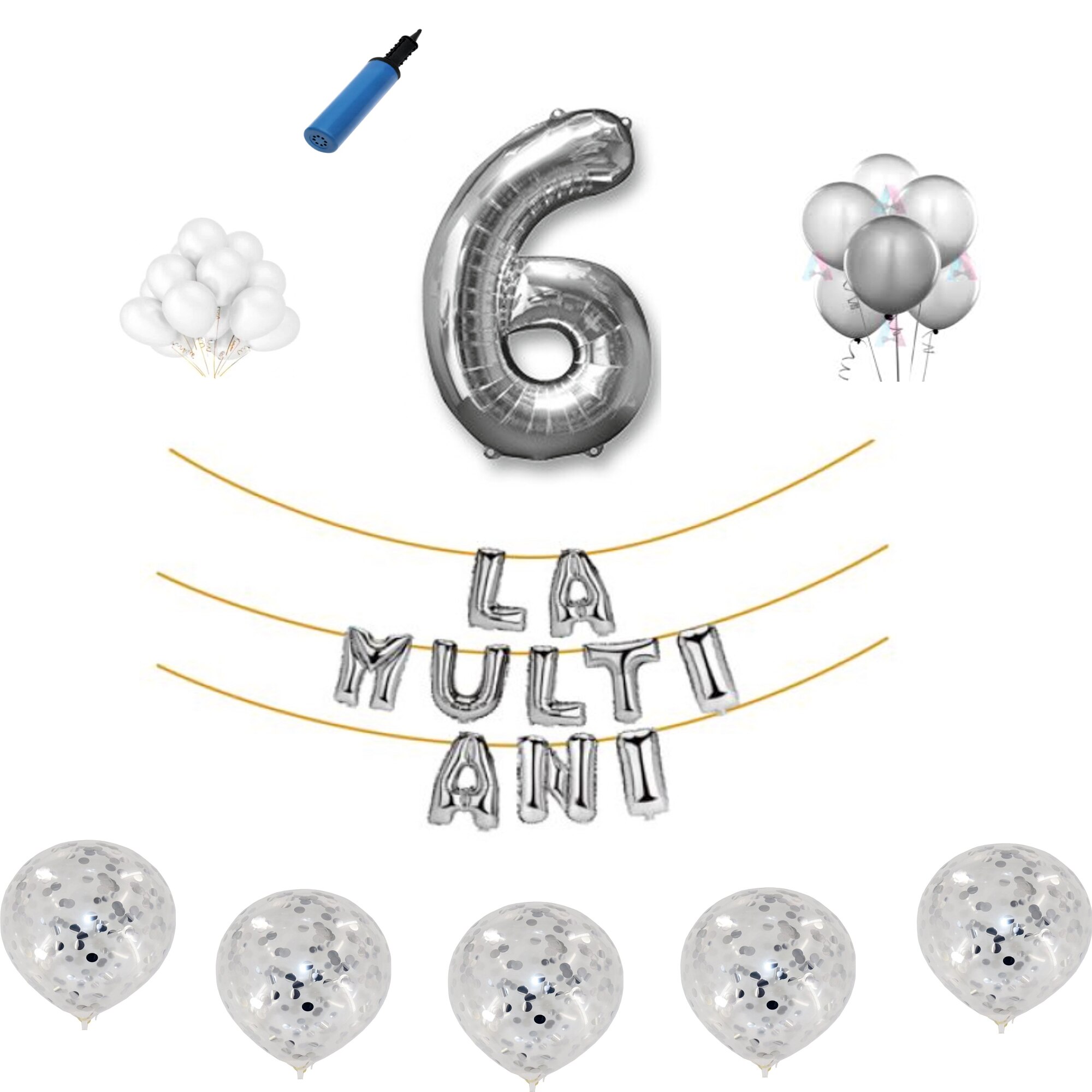 Set baloane La Multi Ani , pentru 6 ani, cifra 45 cm ,Argintiu