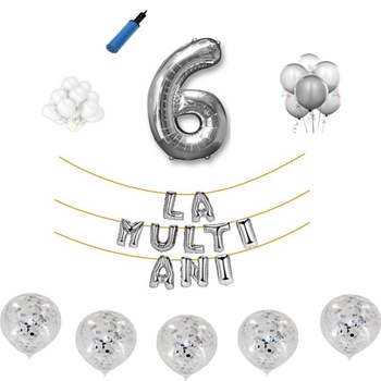 Set baloane La Multi Ani , pentru 6 ani, cifra 45 cm ,Argintiu Set baloane La Multi Ani , pentru 6 ani, cifra 45 cm ,Argintiu