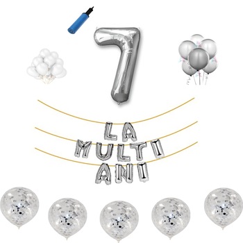 Set baloane La Multi Ani , pentru 7 ani, cifra 1 metru ,Argintiu Set baloane La Multi Ani , pentru 7 ani, cifra 1 metru ,Argintiu