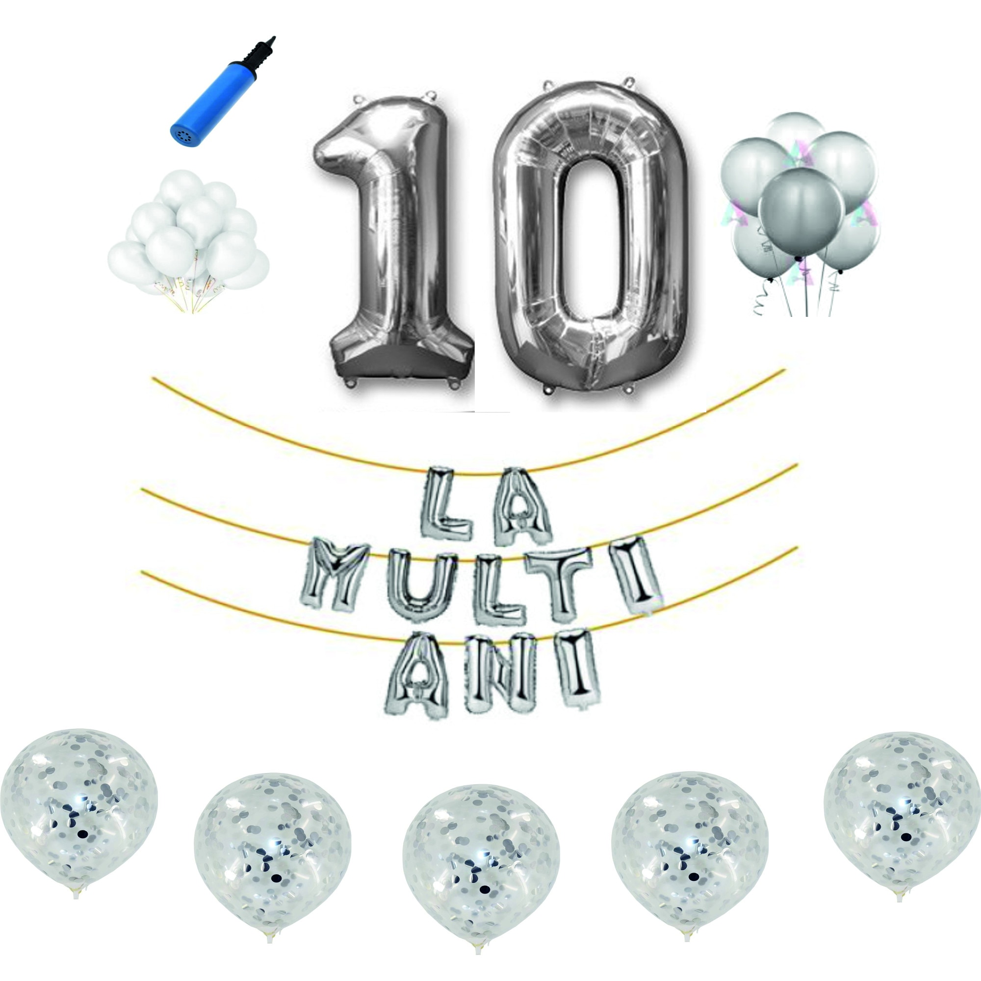 Set baloane La Multi Ani , pentru 10 ani, cifra 1 metru ,Argintiu