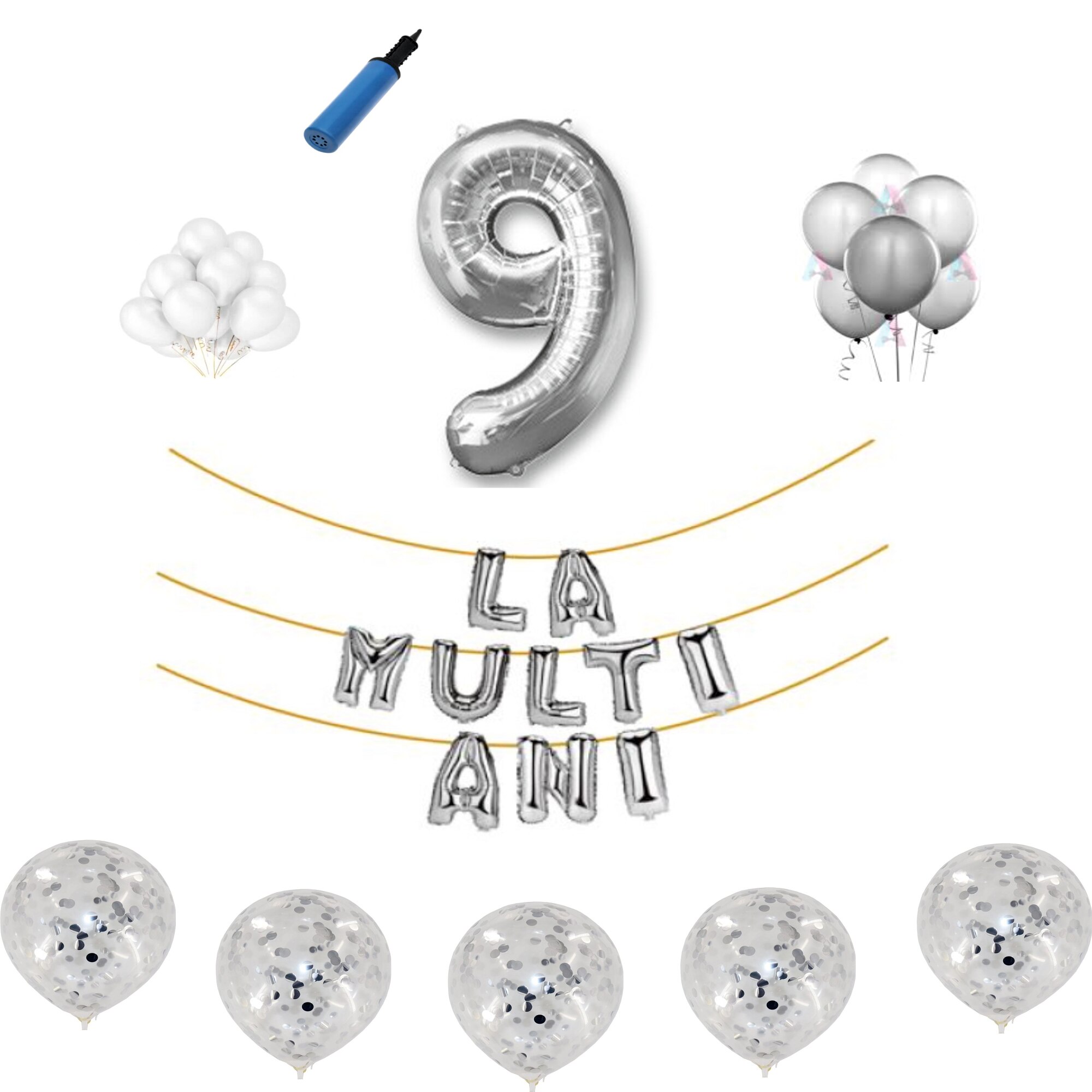 Set baloane La Multi Ani , pentru 9 ani, cifra 45 cm ,Argintiu