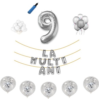 Set baloane La Multi Ani , pentru 9 ani, cifra 45 cm ,Argintiu Set baloane La Multi Ani , pentru 9 ani, cifra 45 cm ,Argintiu