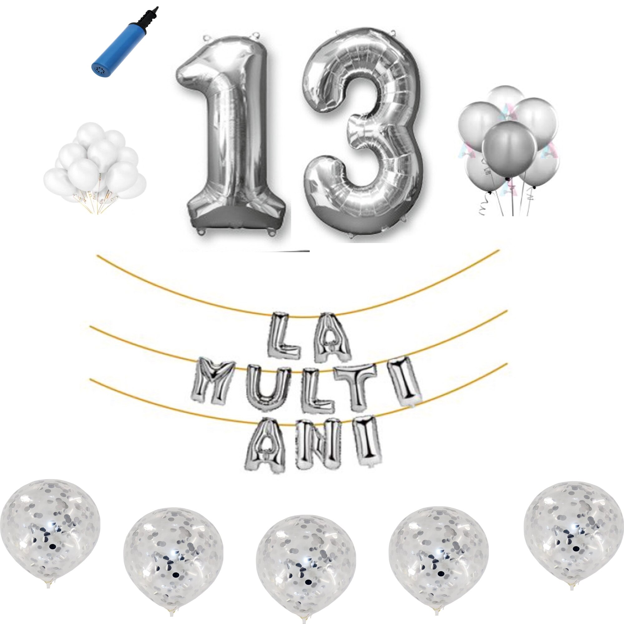 Set baloane La Multi Ani , pentru 13 ani, cifra 1 metru ,Argintiu