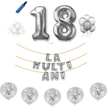 Set baloane La Multi Ani , pentru 18 ani, Majorat, cifra 45 cm ,Argintiu Set baloane La Multi Ani , pentru 18 ani, Majorat, cifra 45 cm ,Argintiu