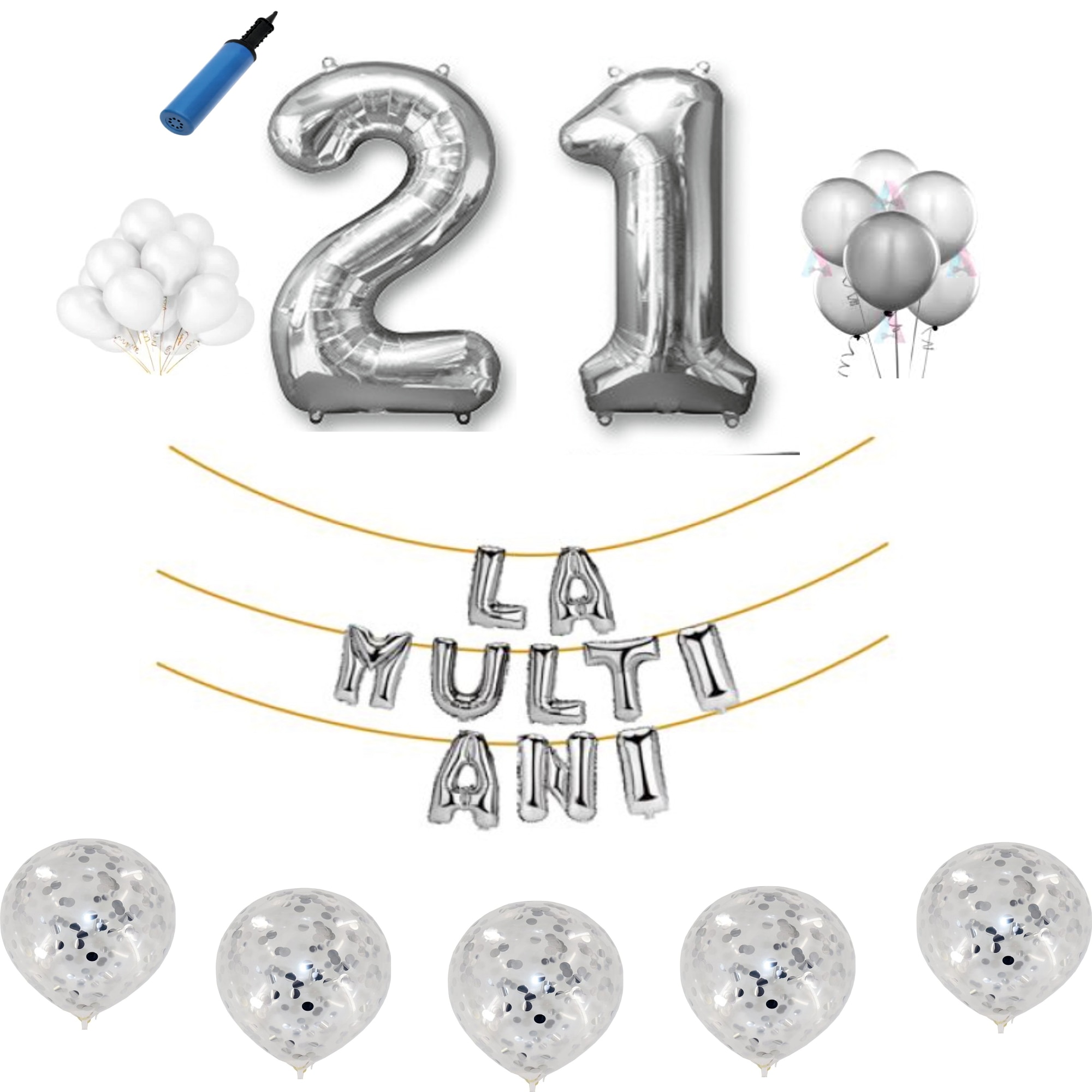 Set baloane La Multi Ani , pentru 21 ani, cifra 1 metru ,Argintiu