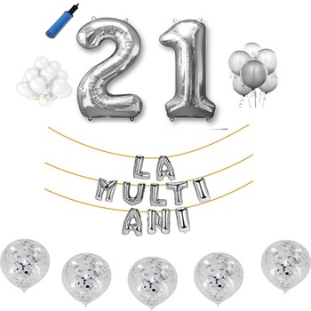 Set baloane La Multi Ani , pentru 21 ani, cifra 1 metru ,Argintiu Set baloane La Multi Ani , pentru 21 ani, cifra 1 metru ,Argintiu