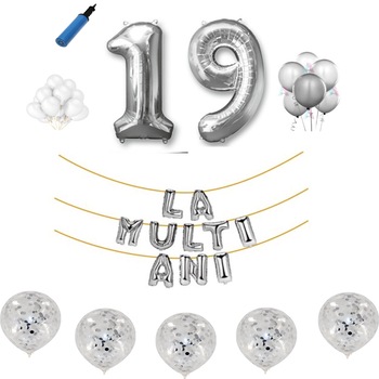 Set baloane La Multi Ani , pentru 19 ani, cifra 45 cm ,Argintiu Set baloane La Multi Ani , pentru 19 ani, cifra 45 cm ,Argintiu