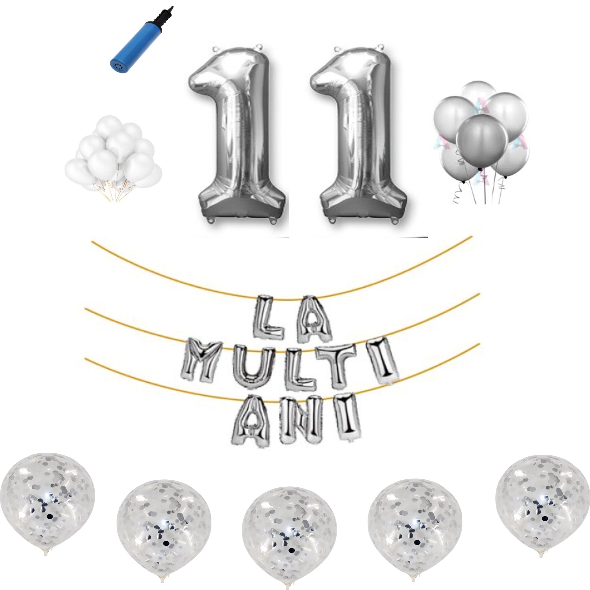 Set baloane La Multi Ani , pentru 11 ani, cifra 1 metru ,Argintiu