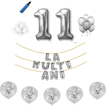 Set baloane La Multi Ani , pentru 11 ani, cifra 1 metru ,Argintiu Set baloane La Multi Ani , pentru 11 ani, cifra 1 metru ,Argintiu
