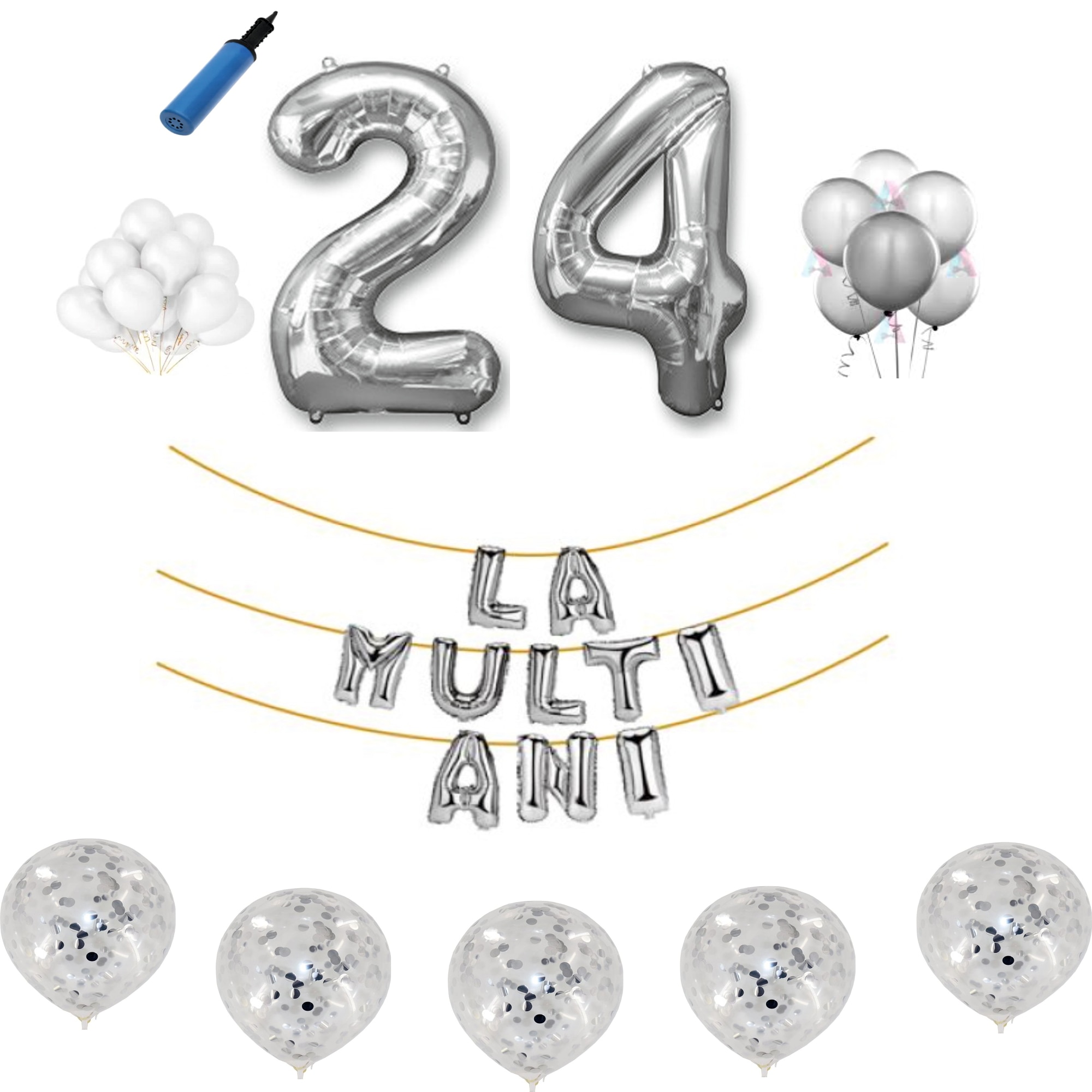 Set baloane La Multi Ani , pentru 24 ani, cifra 45 cm ,Argintiu