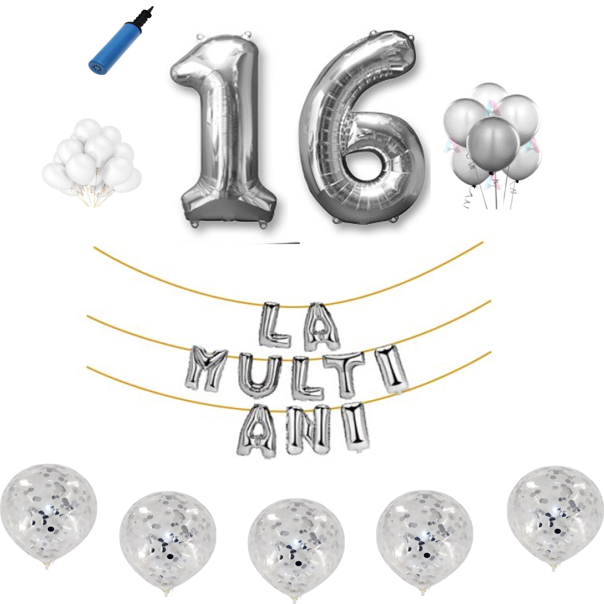 Set baloane La Multi Ani , pentru 16 ani, cifra 45 cm ,Argintiu