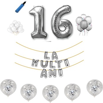Set baloane La Multi Ani , pentru 16 ani, cifra 45 cm ,Argintiu Set baloane La Multi Ani , pentru 16 ani, cifra 45 cm ,Argintiu