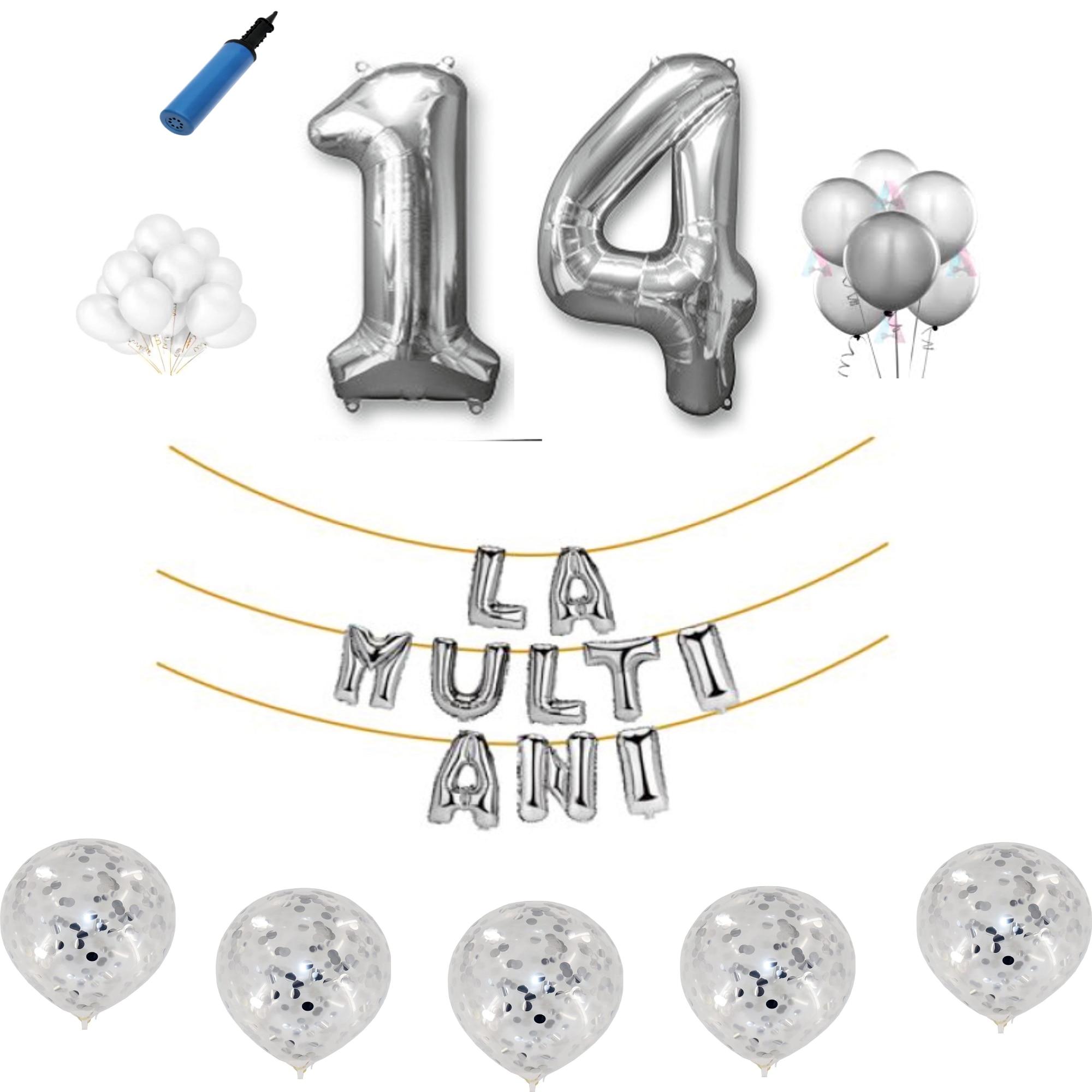 Set baloane La Multi Ani , pentru 14 ani, cifra 1 metru ,Argintiu