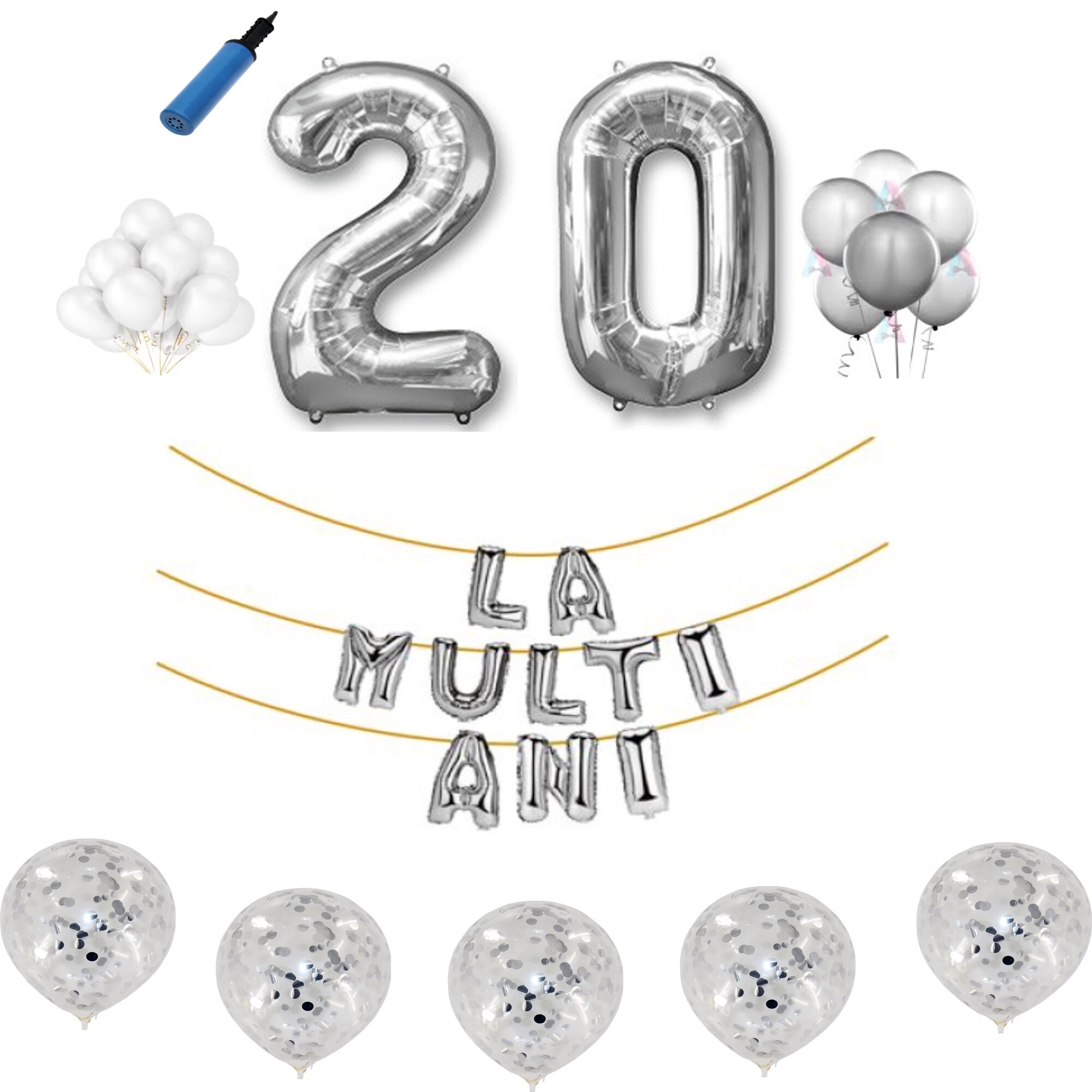 Set baloane La Multi Ani , pentru 20 ani, cifra 45 cm ,Argintiu