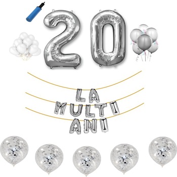 Set baloane La Multi Ani , pentru 20 ani, cifra 1 metru ,Argintiu Set baloane La Multi Ani , pentru 20 ani, cifra 1 metru ,Argintiu