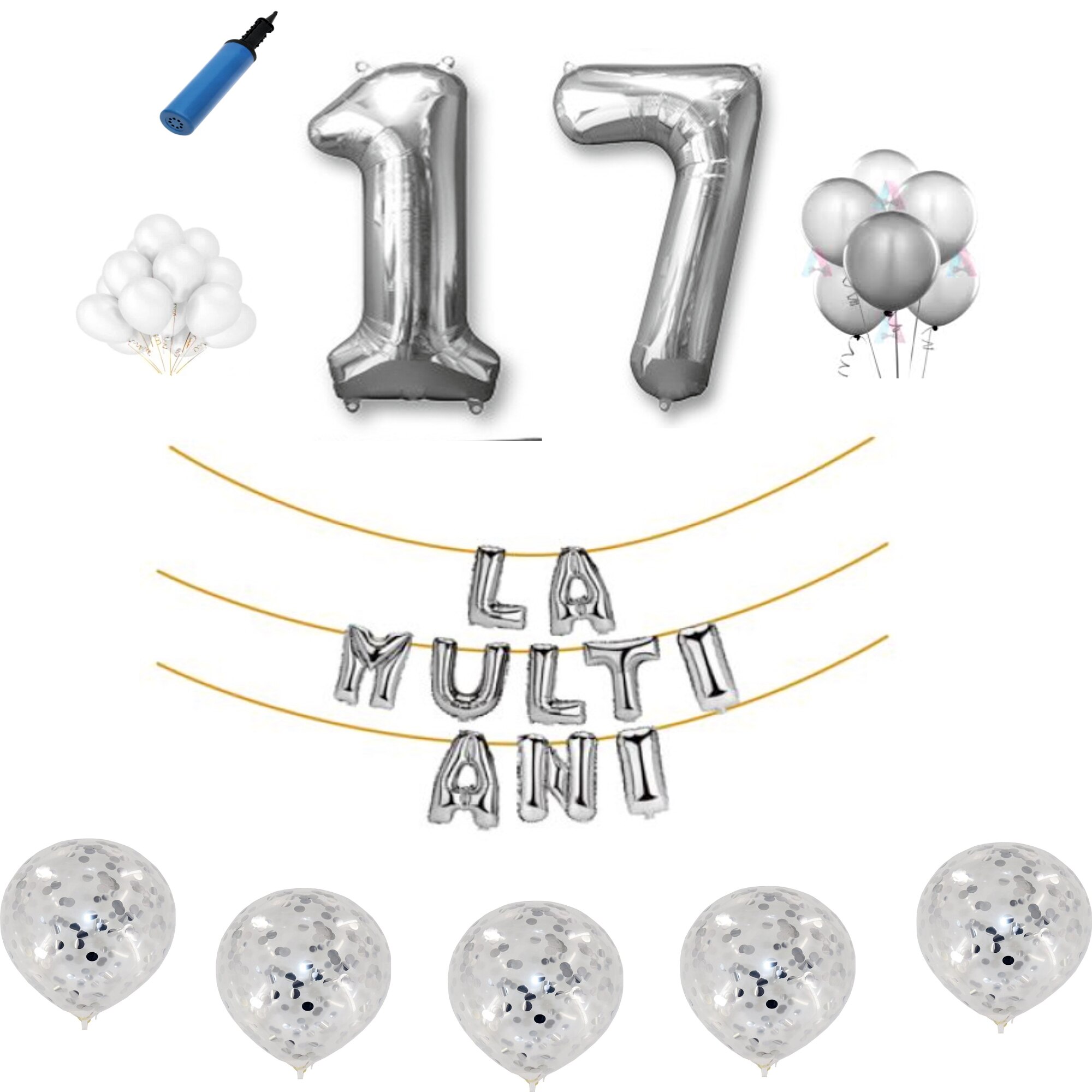Set baloane La Multi Ani , pentru 17 ani, cifra 1 metru ,Argintiu