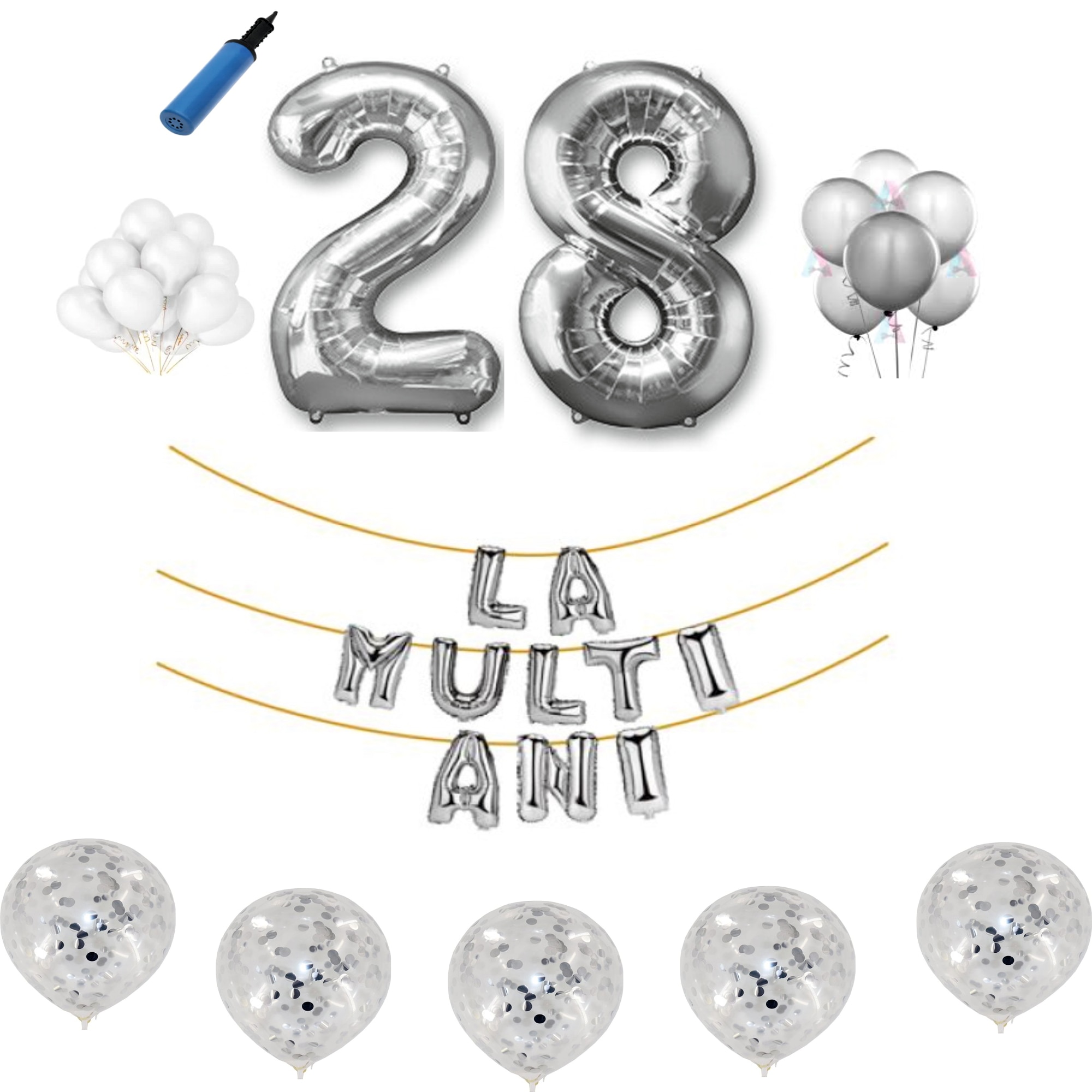 Set baloane La Multi Ani , pentru 28 ani, cifra 1 metru ,Argintiu