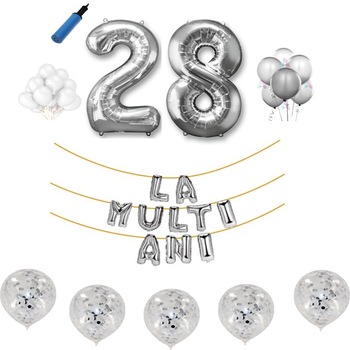 Set baloane La Multi Ani , pentru 28 ani, cifra 1 metru ,Argintiu Set baloane La Multi Ani , pentru 28 ani, cifra 1 metru ,Argintiu