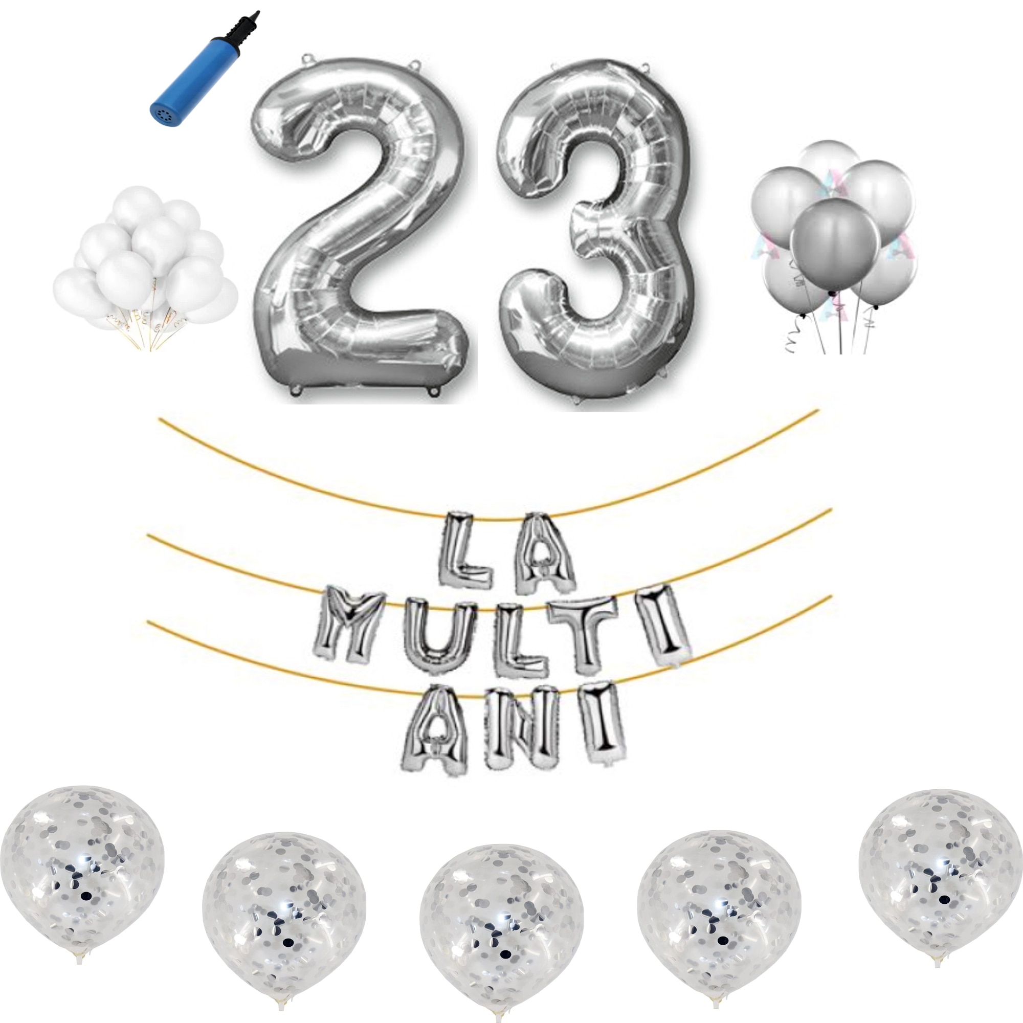 Set baloane La Multi Ani , pentru 23 ani, cifra 45 cm ,Argintiu
