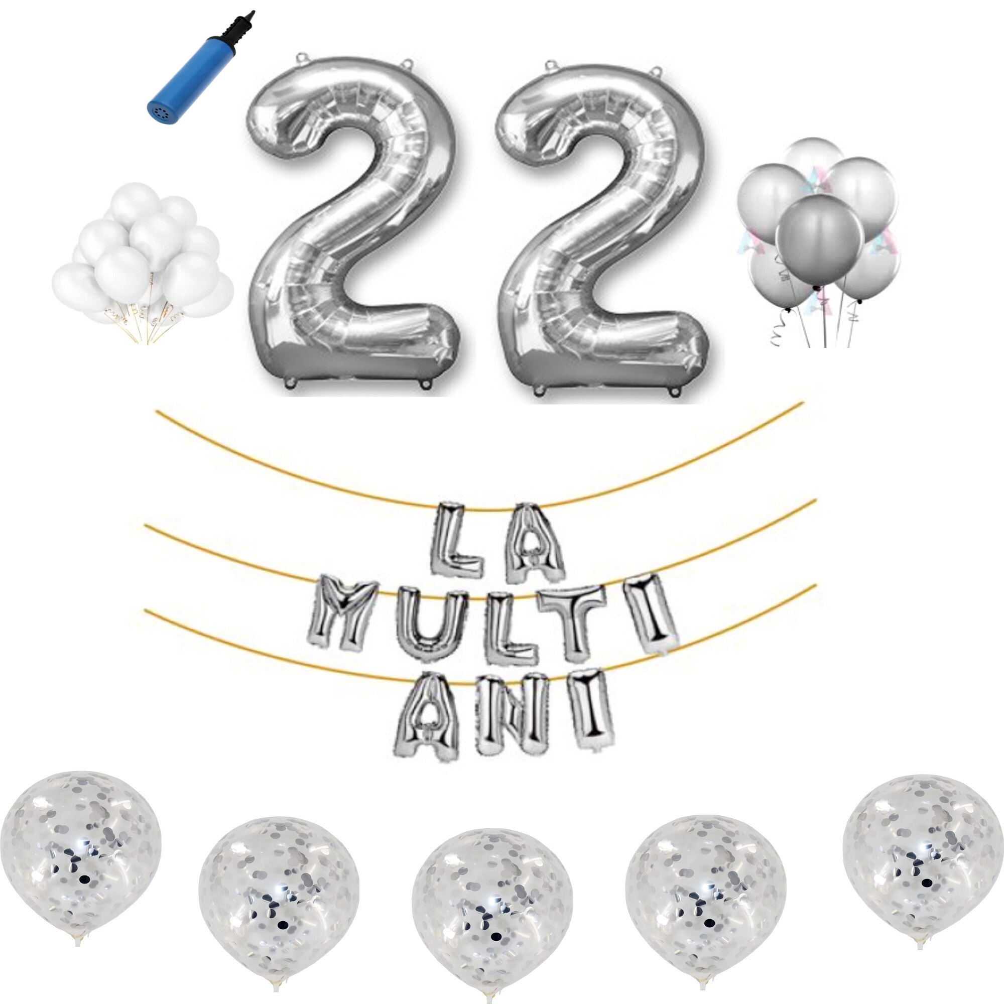 Set baloane La Multi Ani , pentru 22 ani, cifra 45 cm ,Argintiu