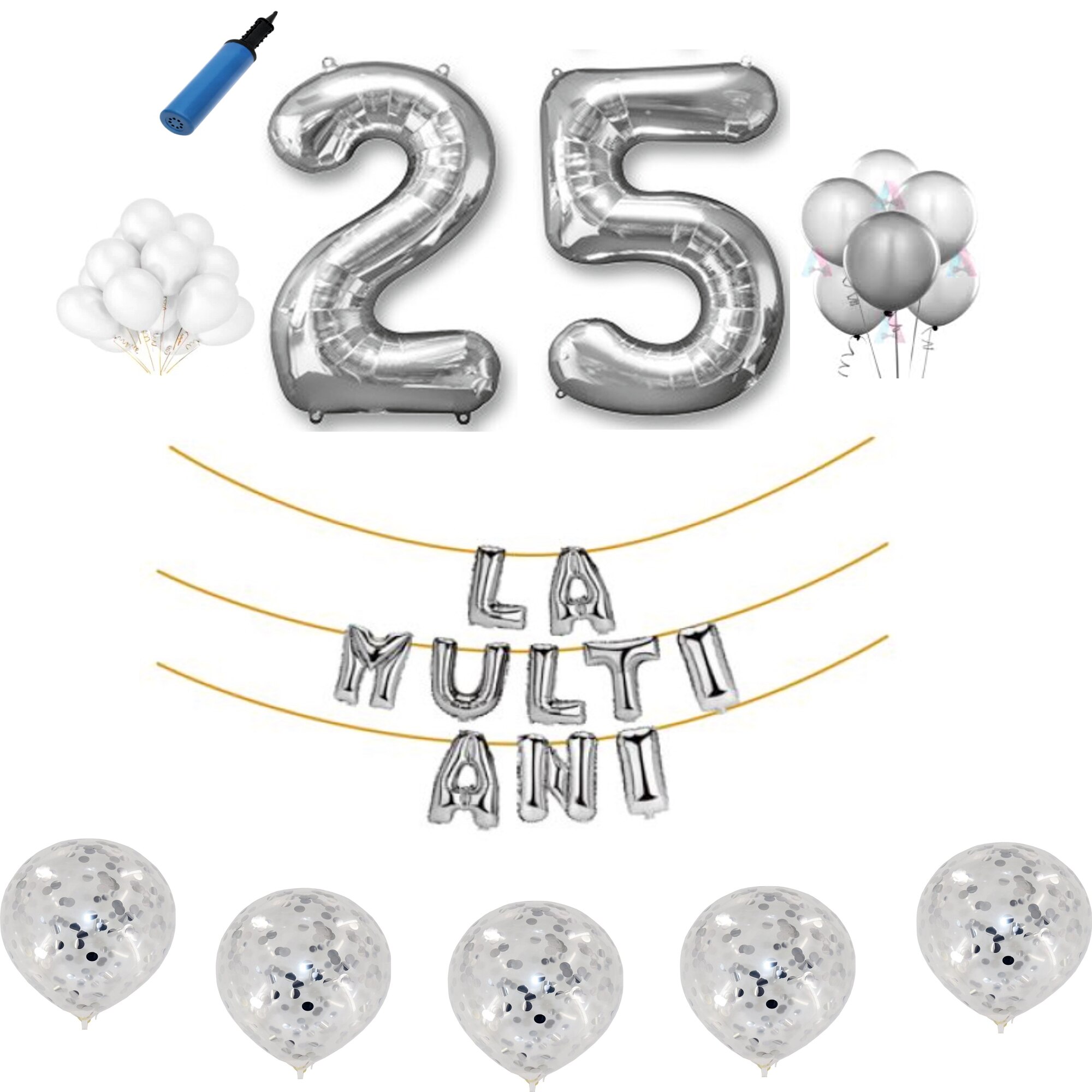Set baloane La Multi Ani , pentru 25 ani, cifra 45 cm ,Argintiu